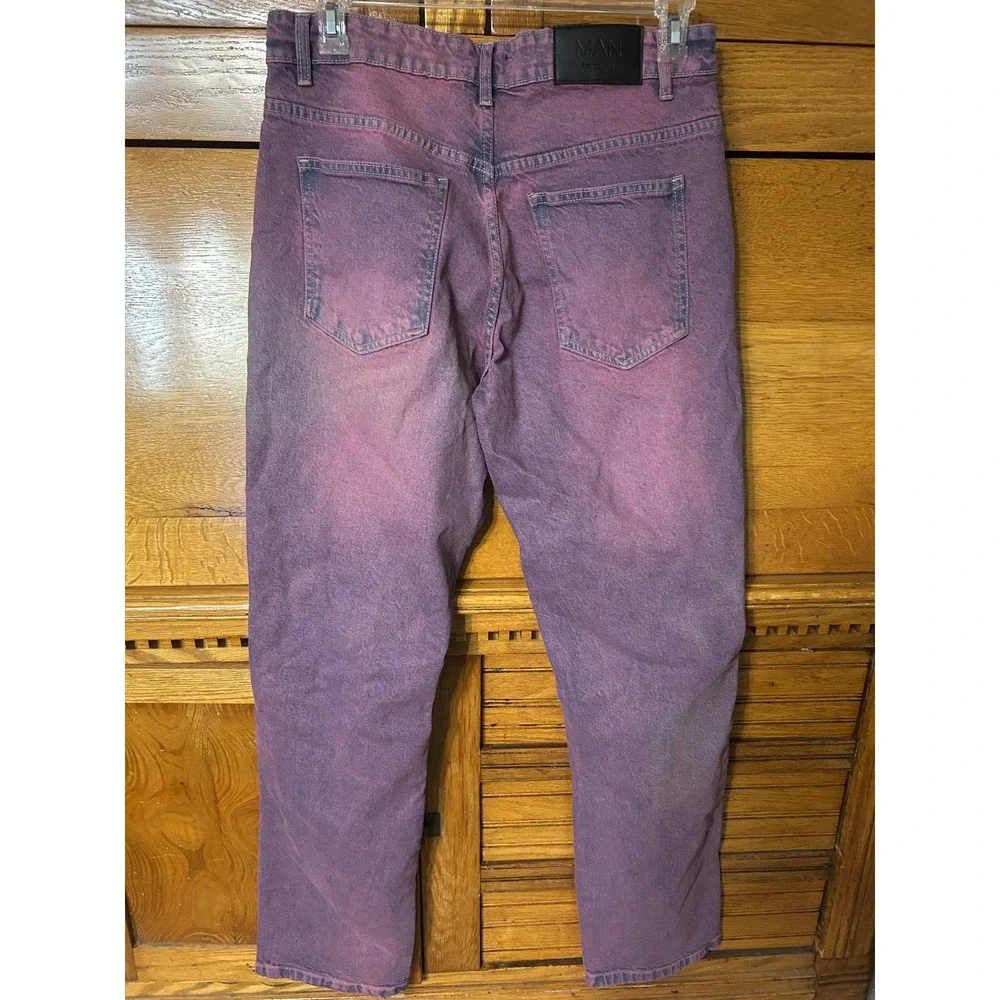 boohooMAN Mens Y2K‎ Grunge Relaxed Rigid Tinted Jeans Pink Purple Ripped Knee